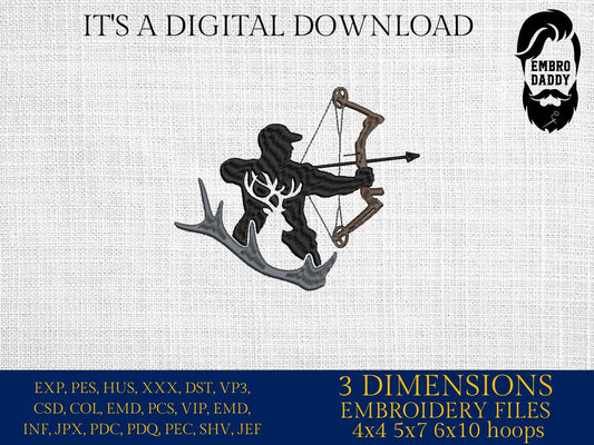 Machine Embroidery files, Compound Bow, hunter, Compound archer, buck, antlers, deer, PES, DST, hus & more