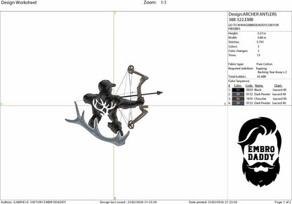 Machine Embroidery files, Compound Bow, hunter, Compound archer, buck, antlers, deer, PES, DST, hus & more