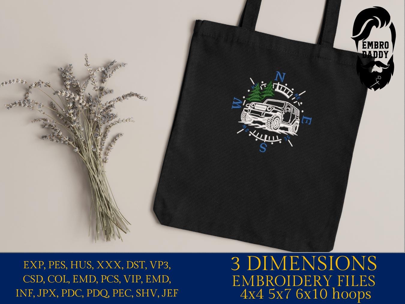 Machine Embroidery, Mountain Off-Road vehicle, embroidery files, 4 wheels lover Gift Idea, compass landscape, PES, xxx, hus & more, outdoor