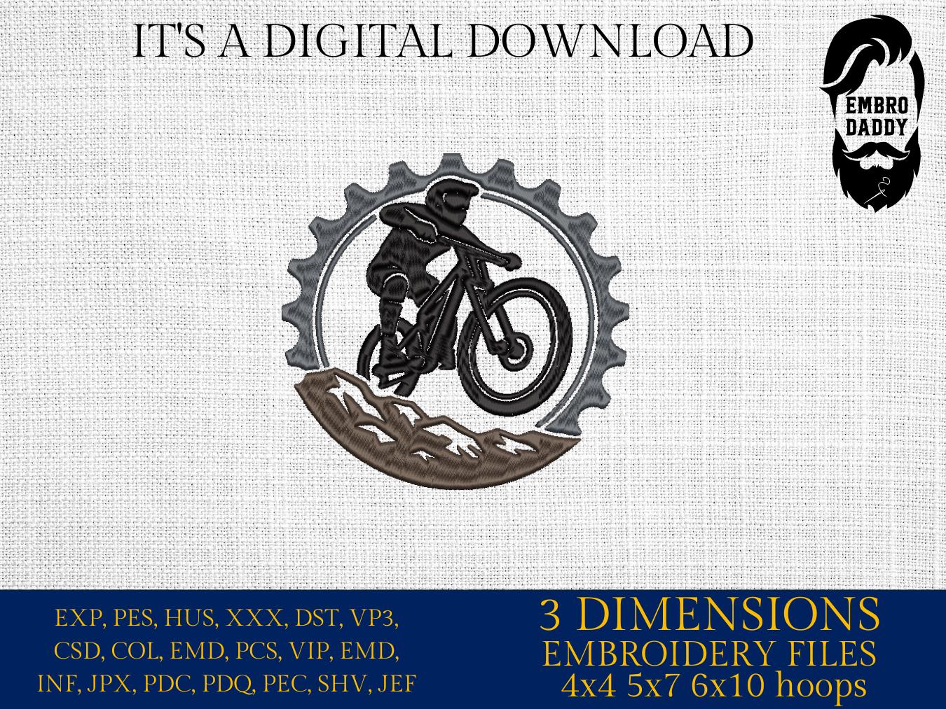 Machine Embroidery files, Chain ring with mountain, mountain bike, mtb, biker, cycling, mountain bike, downhill, PES, xxx, hus & more