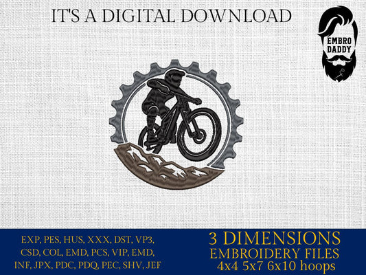 Machine Embroidery files, Chain ring with mountain, mountain bike, mtb, biker, cycling, mountain bike, downhill, PES, xxx, hus & more