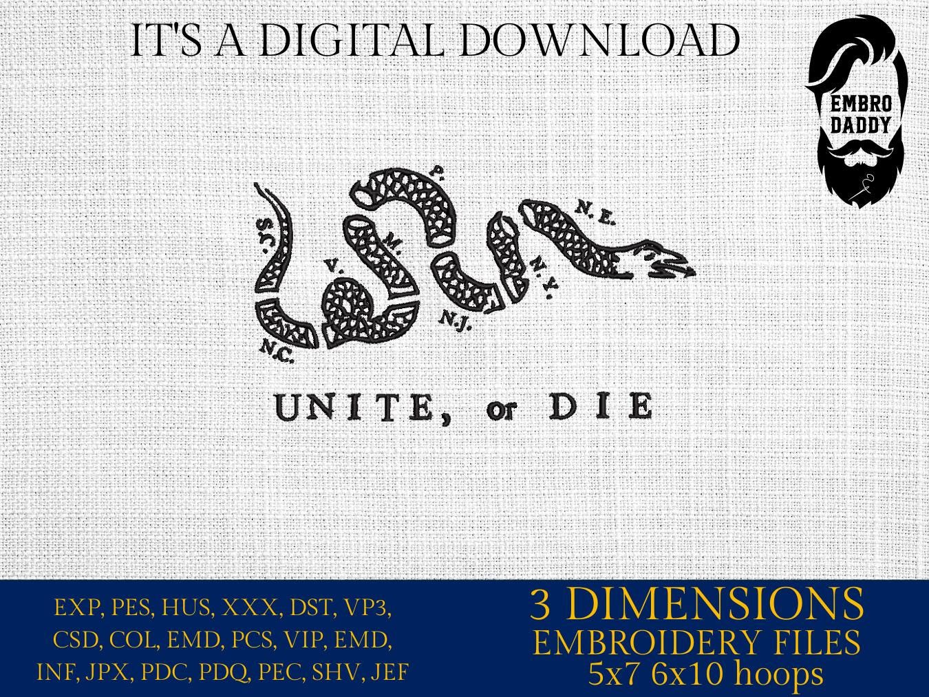 Machine Embroidery files, United or die, 1776, 250th adniversary, PES, xxx, dst, hus & more