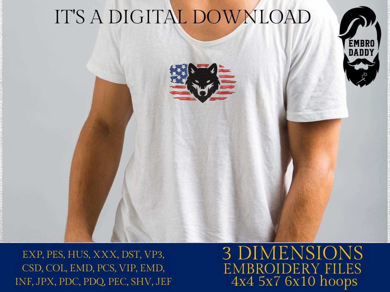 Machine Embroidery files, USA flag, wolf head, patriotic, PES, dst, xxx hus & more