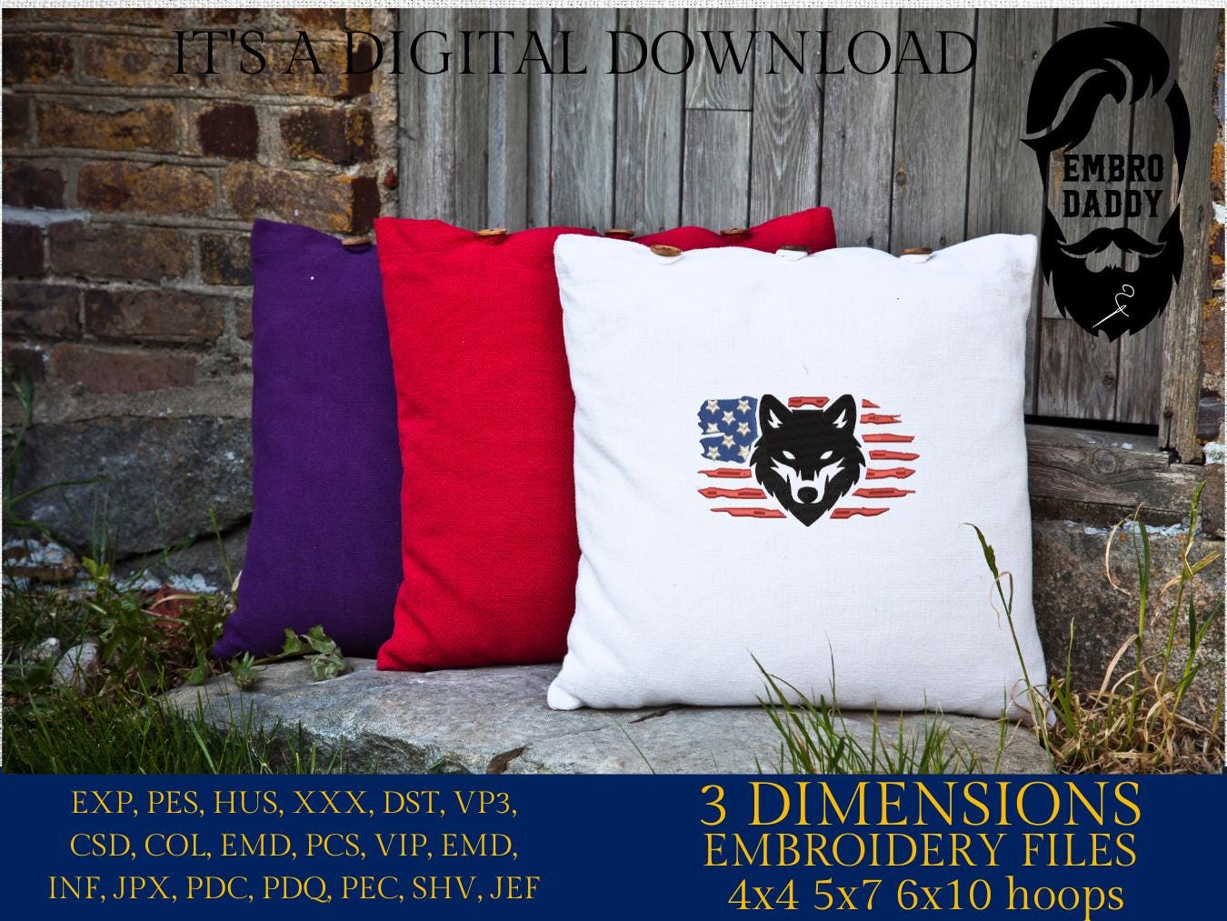Machine Embroidery files, USA flag, wolf head, patriotic, PES, dst, xxx hus & more