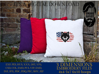 Machine Embroidery files, USA flag, wolf head, patriotic, PES, dst, xxx hus & more