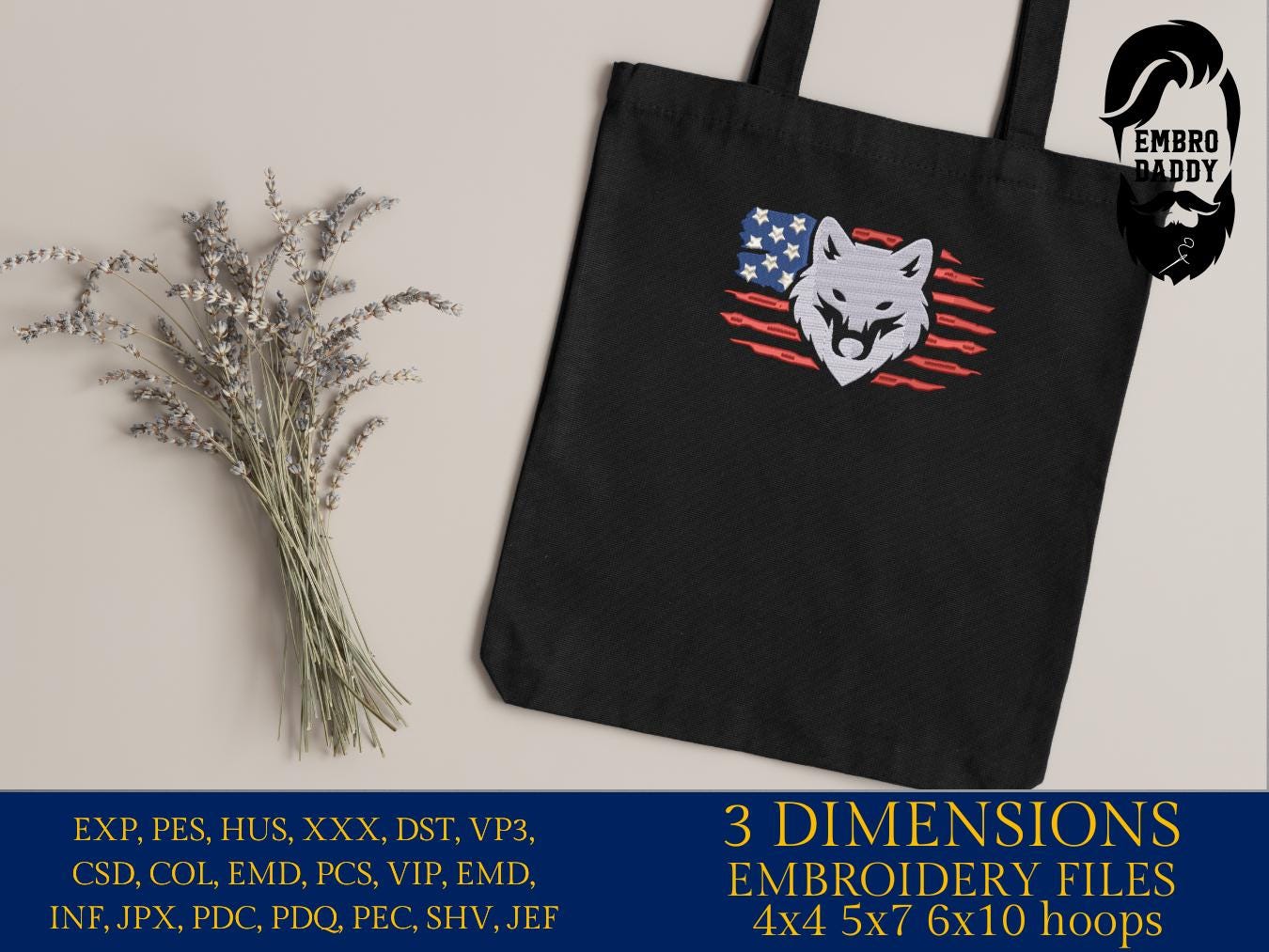 Machine Embroidery files, USA flag, wolf head, patriotic, PES, dst, xxx hus & more