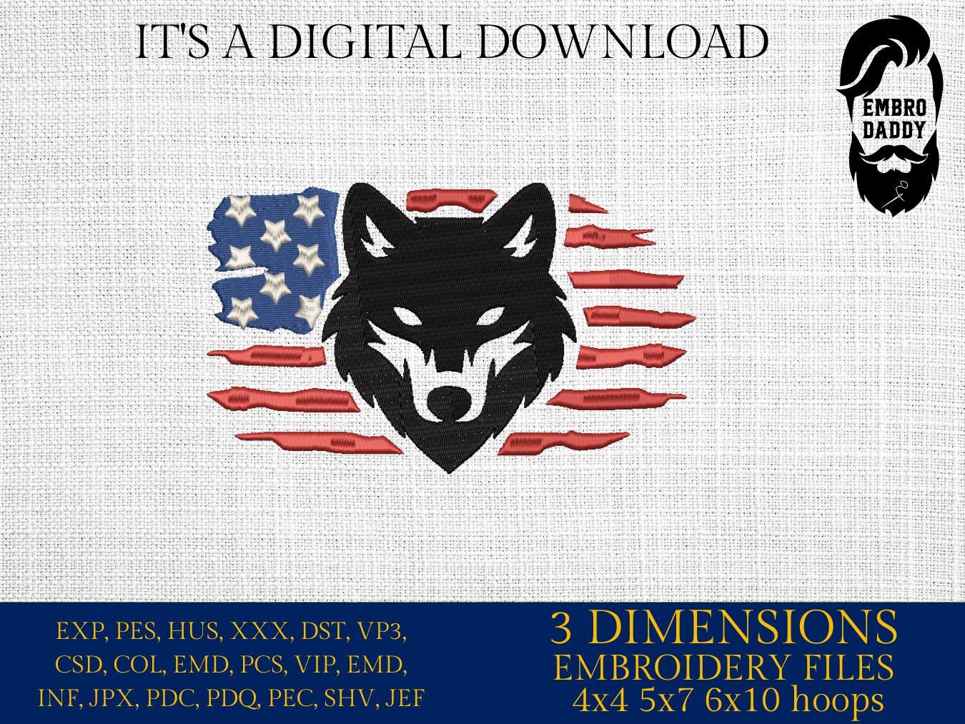 Machine Embroidery files, USA flag, wolf head, patriotic, PES, dst, xxx hus & more