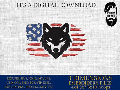Machine Embroidery files, USA flag, wolf head, patriotic, PES, dst, xxx hus & more