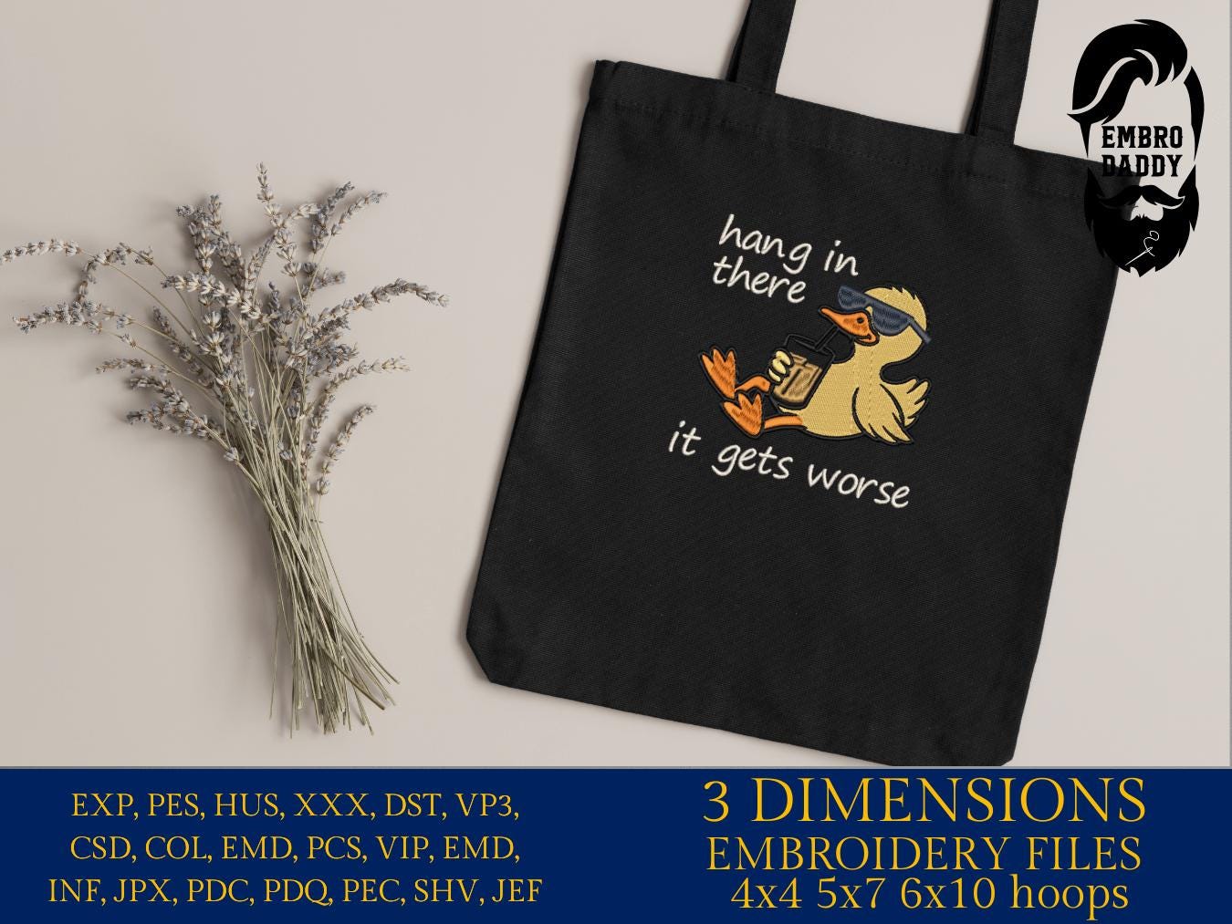 Machine Embroidery files, hang in there it gets worse, Snarky, Funny Duck, Sarcasm, PES, DST, xxx, hus and more