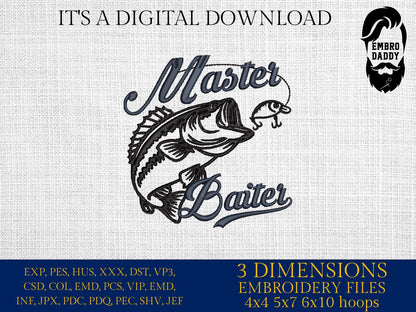 Machine Embroidery files, master baiter, Fisherman, PES, DST, hus & more