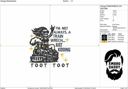 Machine Embroidery files, Funny quote, Train Wreck, Snarky, Sarcastic, Retro, Humor, Skeleton, Sassy PES, xxx, hus & more