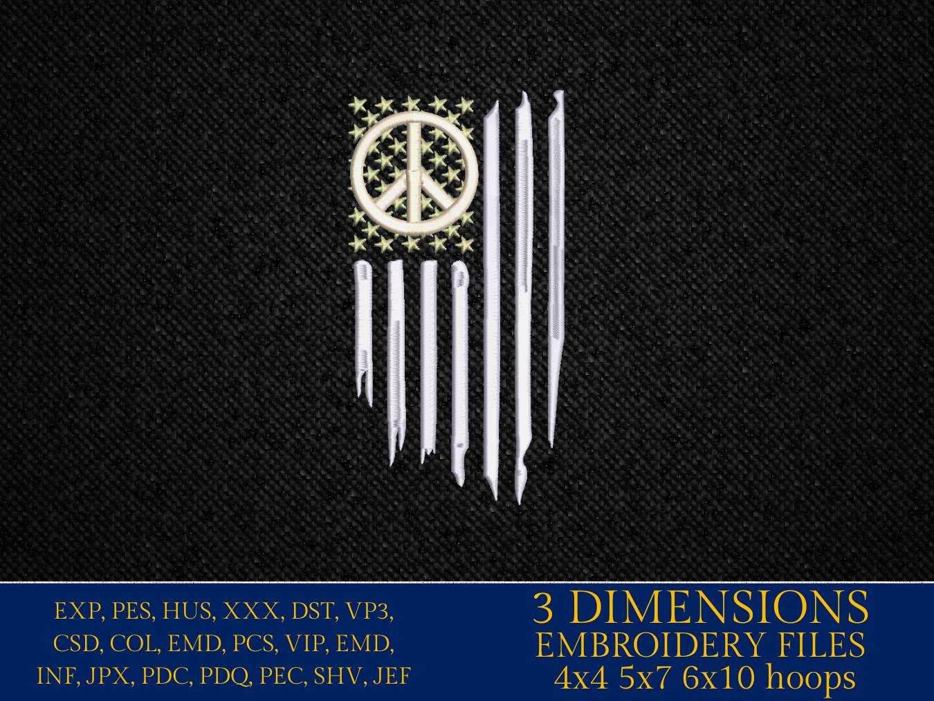 Machine Embroidery files, peace sign, Usa flag, PES, DST, hus & more