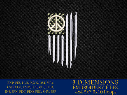 Machine Embroidery files, peace sign, Usa flag, PES, DST, hus & more