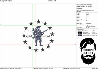 Machine Embroidery files, Minuteman Patriot, 1776 - 2026, 250th adniversary, Betsy Ross flag, USA flag, PES, xxx, dst, hus & more