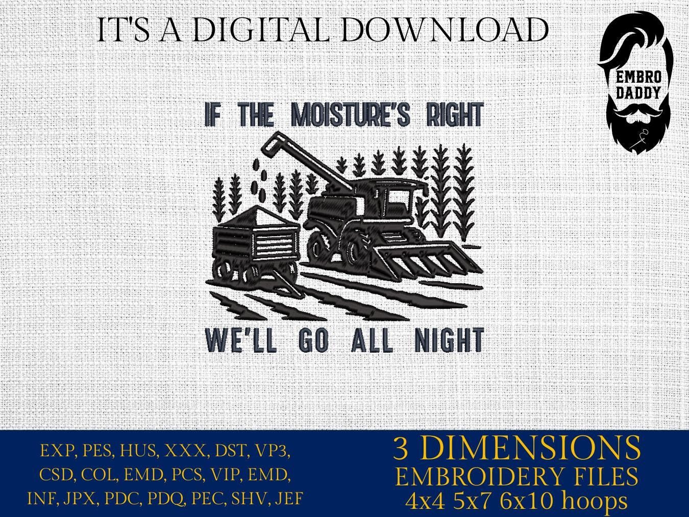 Machine Embroidery files, If the Moisture’s Right We’ll Go All Night, funny farmer, farm humor, Funny Adult Humor, PES, dst, hus & more