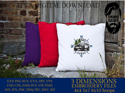 Machine Embroidery, Mountain Off-Road vehicle, embroidery files, 4 wheels lover Gift Idea, compass landscape, PES, xxx, hus & more, outdoor