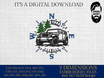Machine Embroidery, Mountain Off-Road vehicle, embroidery files, 4 wheels lover Gift Idea, compass landscape, PES, xxx, hus & more, outdoor