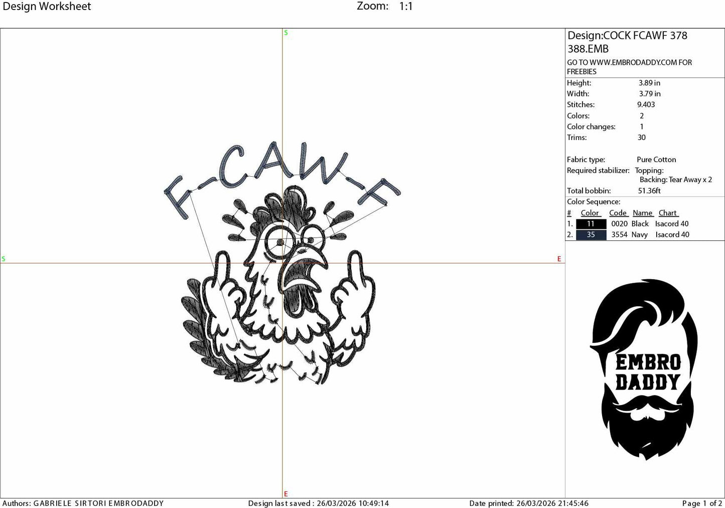 Machine Embroidery files, Funny F-Caw-F Chicken, Screaming Rooster,F-Caw-F, Adult Humor Rooster, Crazy Hen, DST, PES, xxx, hus & more