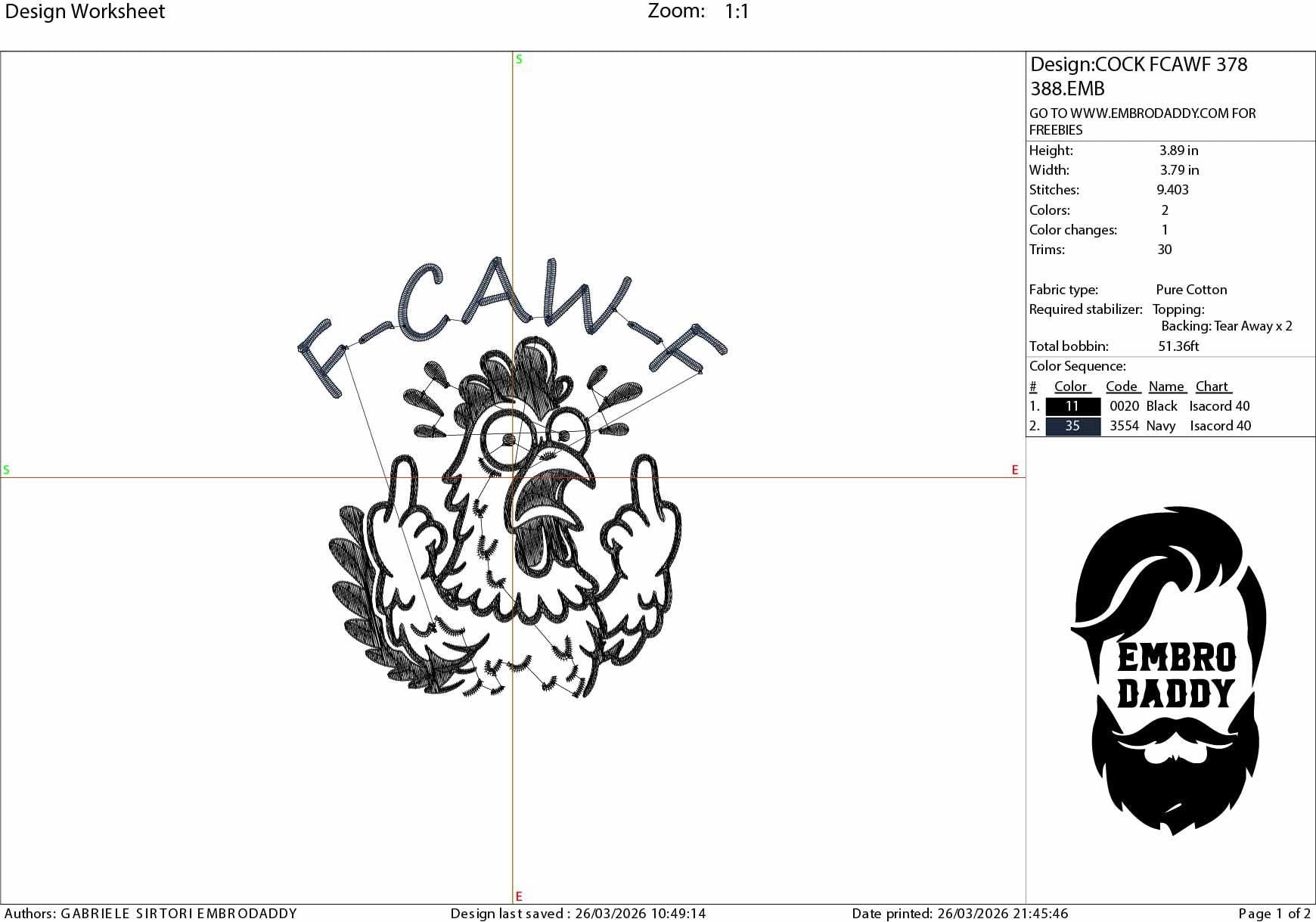 Machine Embroidery files, Funny F-Caw-F Chicken, Screaming Rooster,F-Caw-F, Adult Humor Rooster, Crazy Hen, DST, PES, xxx, hus & more