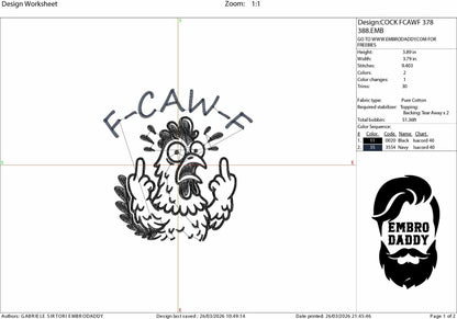 Machine Embroidery files, Funny F-Caw-F Chicken, Screaming Rooster,F-Caw-F, Adult Humor Rooster, Crazy Hen, DST, PES, xxx, hus & more