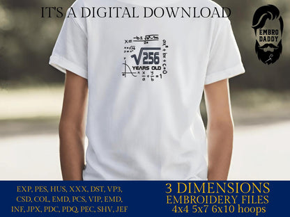 Machine Embroidery files, 16 th birthday, Math, square roots, PES, DST, xxx, hus & more