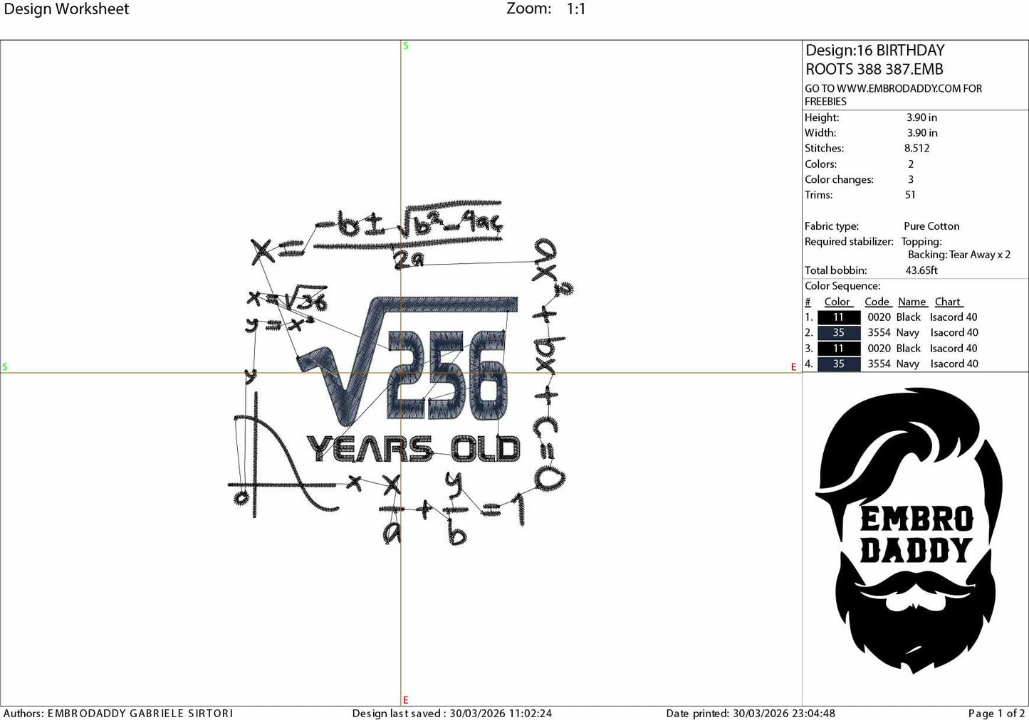 Machine Embroidery files, 16 th birthday, Math, square roots, PES, DST, xxx, hus & more