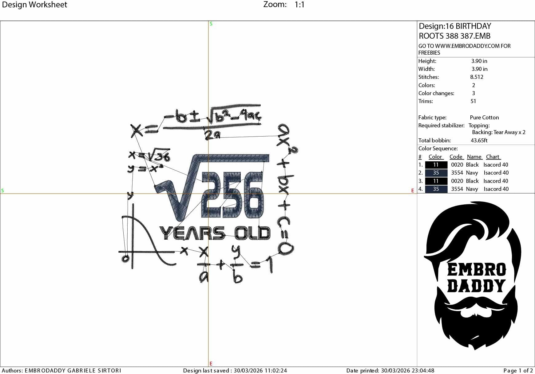 Machine Embroidery files, 16 th birthday, Math, square roots, PES, DST, xxx, hus & more