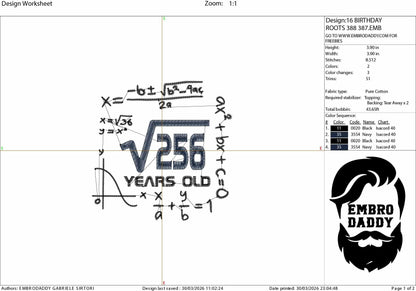 Machine Embroidery files, 16 th birthday, Math, square roots, PES, DST, xxx, hus & more