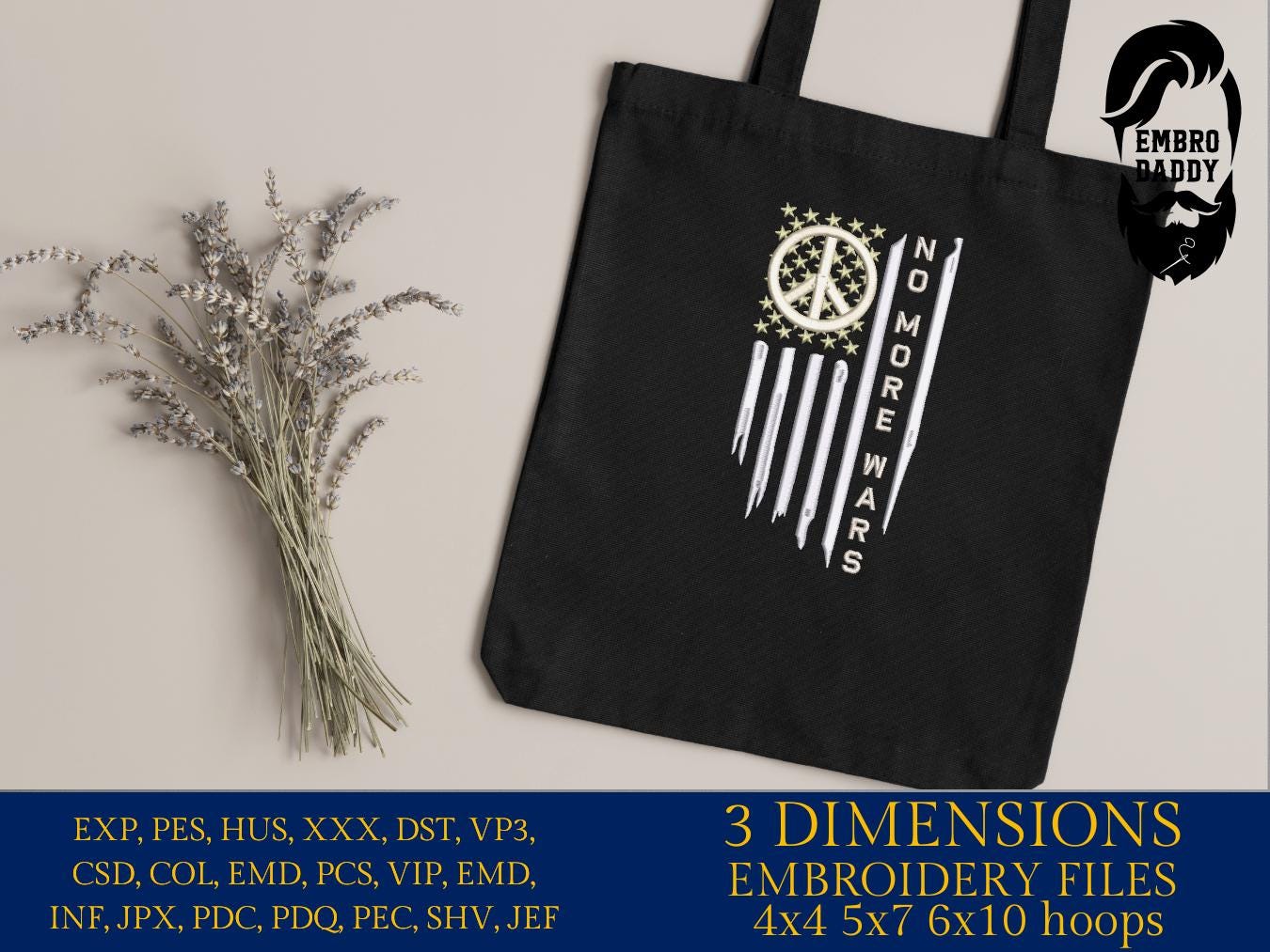 Machine Embroidery files, no more wars, peace sign, Usa flag, PES, DST, hus & more