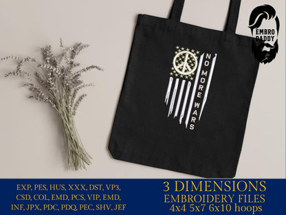 Machine Embroidery files, no more wars, peace sign, Usa flag, PES, DST, hus & more
