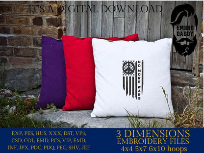 Machine Embroidery files, no more wars, peace sign, Usa flag, PES, DST, hus & more