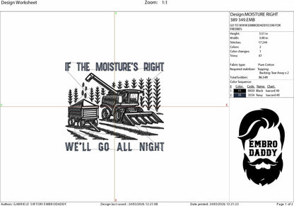 Machine Embroidery files, If the Moisture’s Right We’ll Go All Night, funny farmer, farm humor, Funny Adult Humor, PES, dst, hus & more