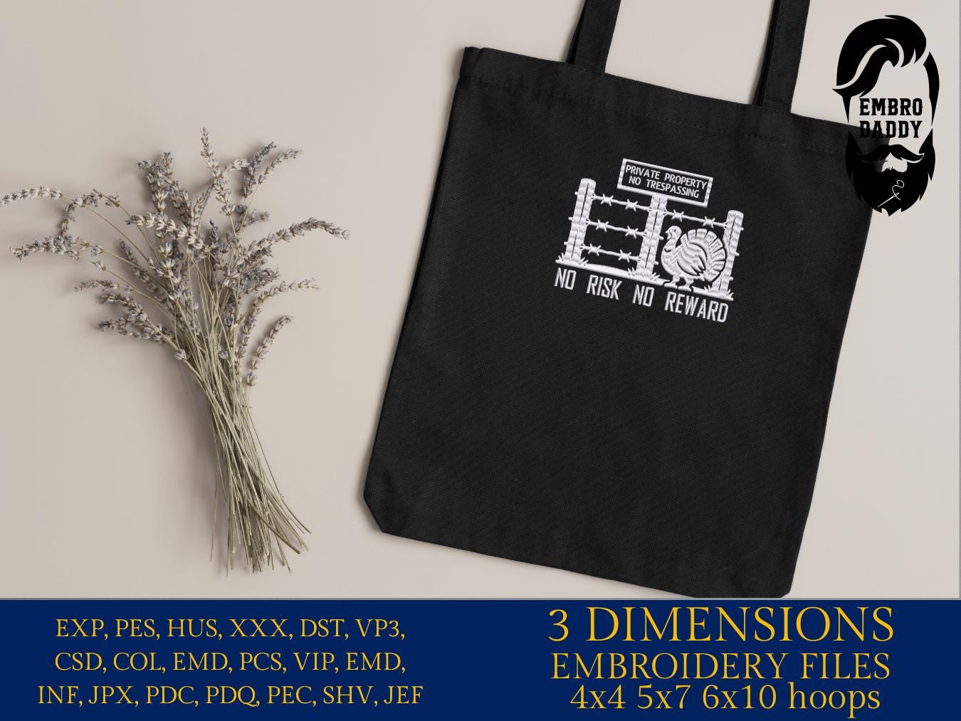 Machine Embroidery files, No Risk No Reward, Turkey Hunting, Wild Turkey, Outlaw Hunting, PES, DST, xxx, hus and more