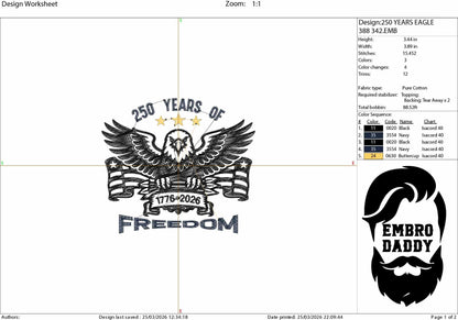 Machine Embroidery files, USA flag, freedom eagle, 1776 - 2026, 250th adniversary, PES, xxx, dst, hus & more
