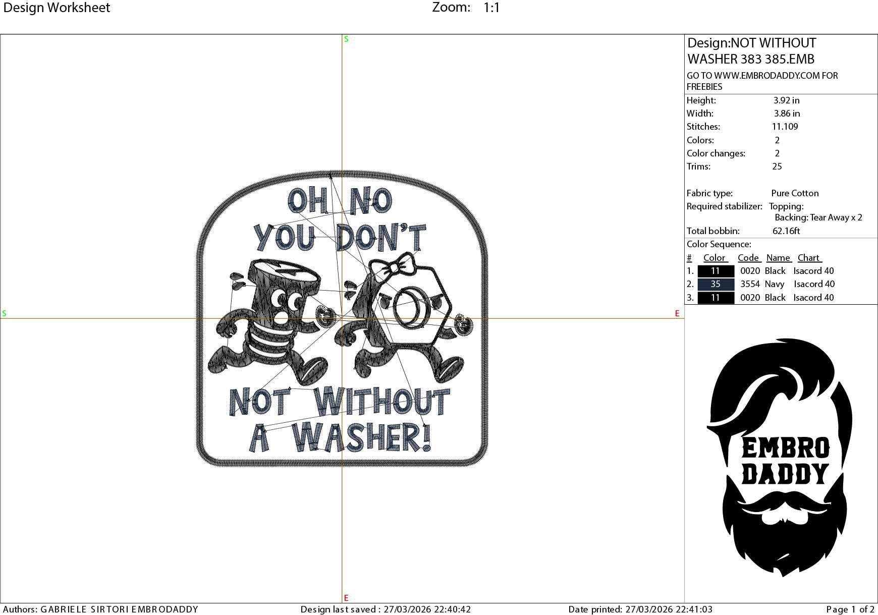 Machine Embroidery files, Not Without a Washer, Funny Adult Humor, PES, dst, hus & more