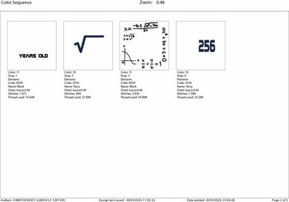 Machine Embroidery files, 16 th birthday, Math, square roots, PES, DST, xxx, hus & more