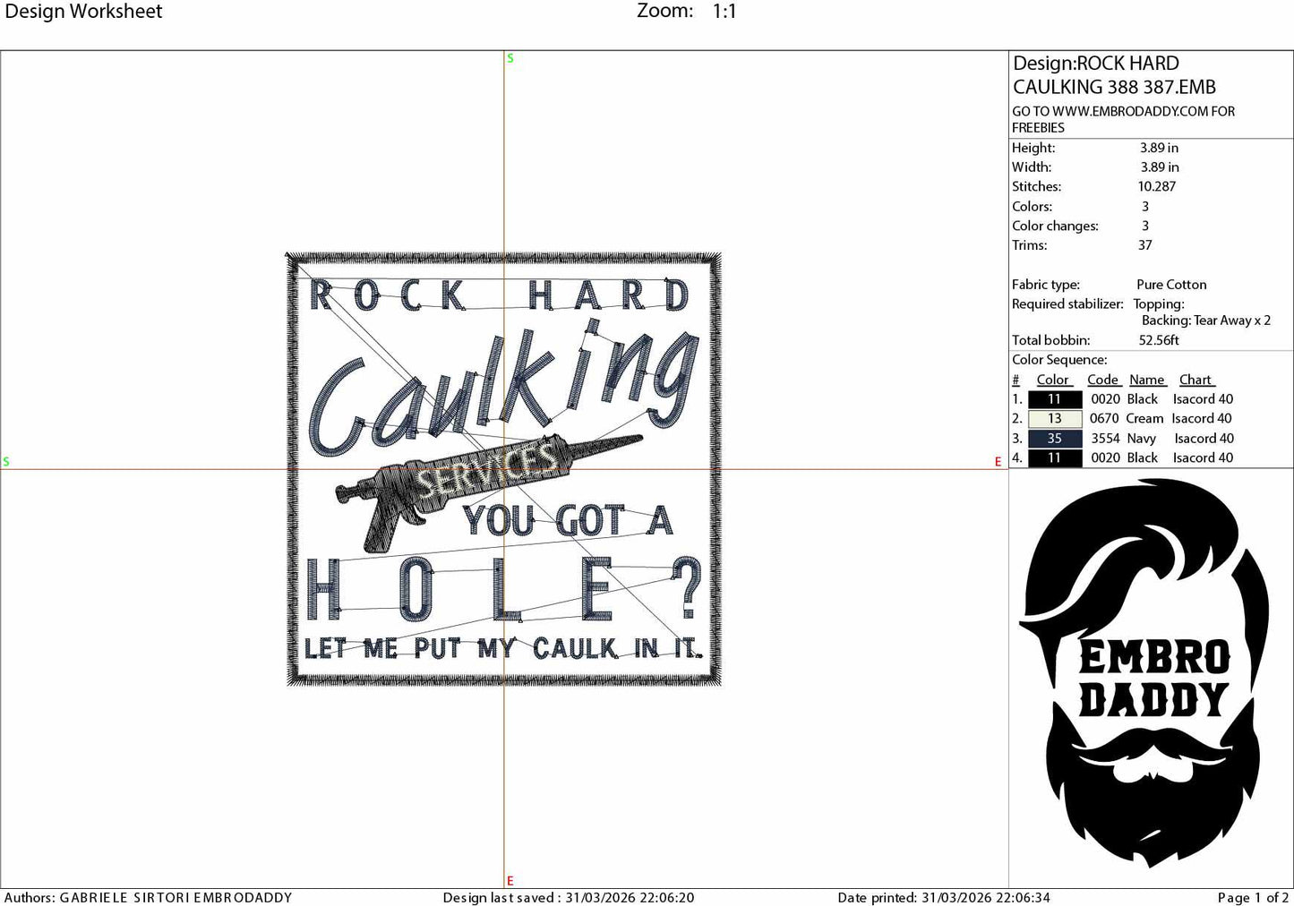 Machine Embroidery files, Rock Hard Caulking Services, Funny Adult Humor, PES, dst, hus & more