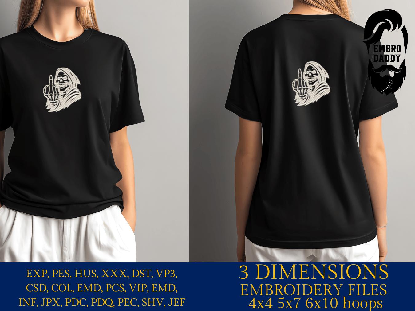 mature, Machine Embroidery files, grim reaper, middle finger, funny, sarcastic, PES, DST, xxx, hus & more