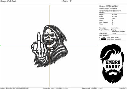 mature, Machine Embroidery files, grim reaper, middle finger, funny, sarcastic, PES, DST, xxx, hus & more
