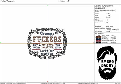 Machine Embroidery files, Grumpy Fuckers Club, Sarcastic, Adult, Humor, Snarky, Trendy funny, PES, xxx, hus & more