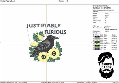 Machine Embroidery files, Justifiably Furious Raven, Feminist, Social Justice Activist,Human Rights, PES, dst, xxx, hus & more