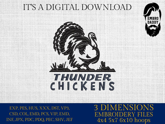Machine Embroidery files, Thunder Chickens, Hunting, Turkey Hunting, PES, DST, xxx, hus and more