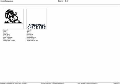 Machine Embroidery files, Thunder Chickens, Hunting, Turkey Hunting, PES, DST, xxx, hus and more