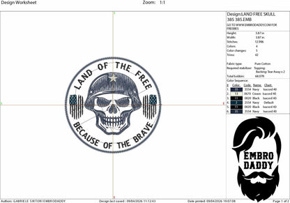 Machine Embroidery files, Land of the Free Because of the Brave, Patriotic Military Skull, USA Freedom , DST, PES, xxx hus & more,