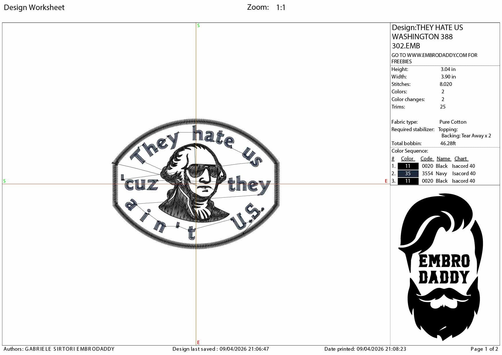 Machine Embroidery files, They Hate Us Cuz They Ain't U.S, George Washington, 1776, 250th adniversary, PES, xxx, dst, hus & more