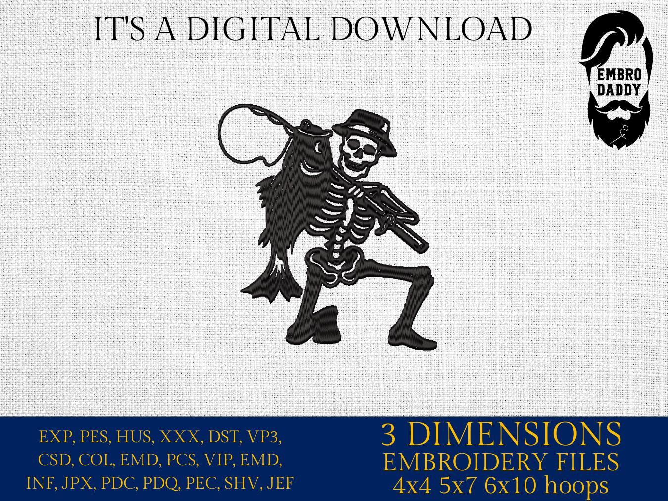 Machine Embroidery files, fisher skeleton, funny Fishing, Fisherman, fisher, PES, DST, hus & more