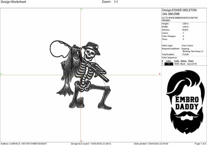 Machine Embroidery files, fisher skeleton, funny Fishing, Fisherman, fisher, PES, DST, hus & more