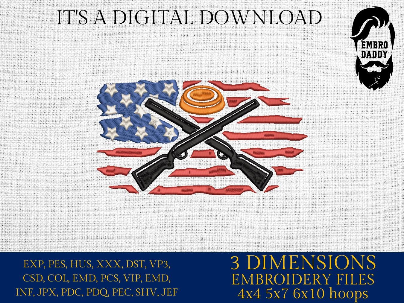 Machine Embroidery files, Usa flag Trap shooting embroidery files, PES, xxx hus & more