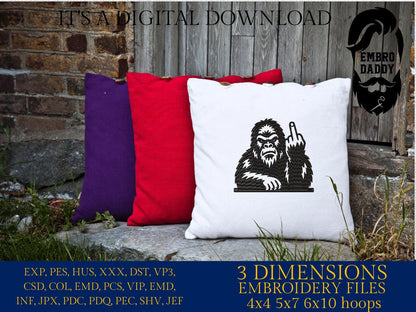 Machine Embroidery files, Bigfoot middle finger, funny, Bigfoot pes, Big Foot, Yeti, Sasquatch PES, xxx, hus & more