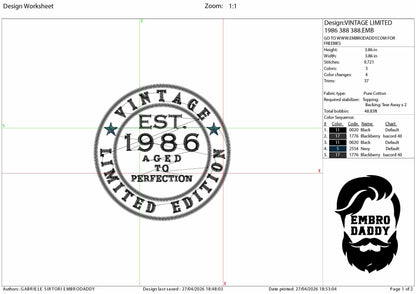 Machine Embroidery files, Vintage 1986 aged to perfection pes, 50 years, birthday funny embroidery files, gift idea PES, xxx, hus & more